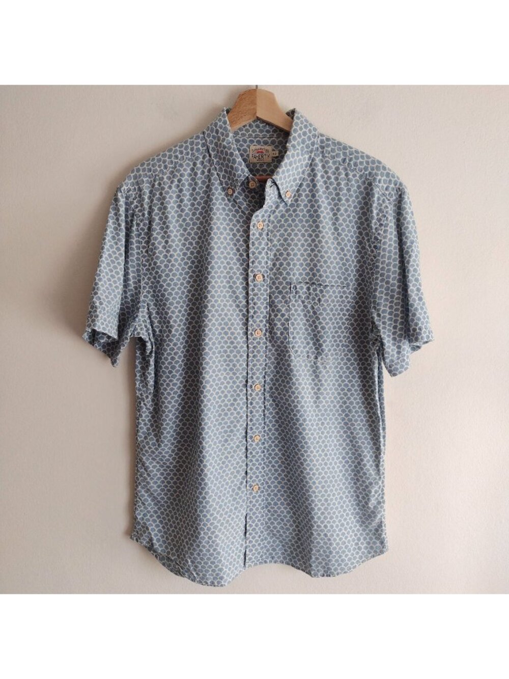 Faherty Mens Breeze Shirt L Blue Fishscale Redux Short Sleeve Cotton Button $158